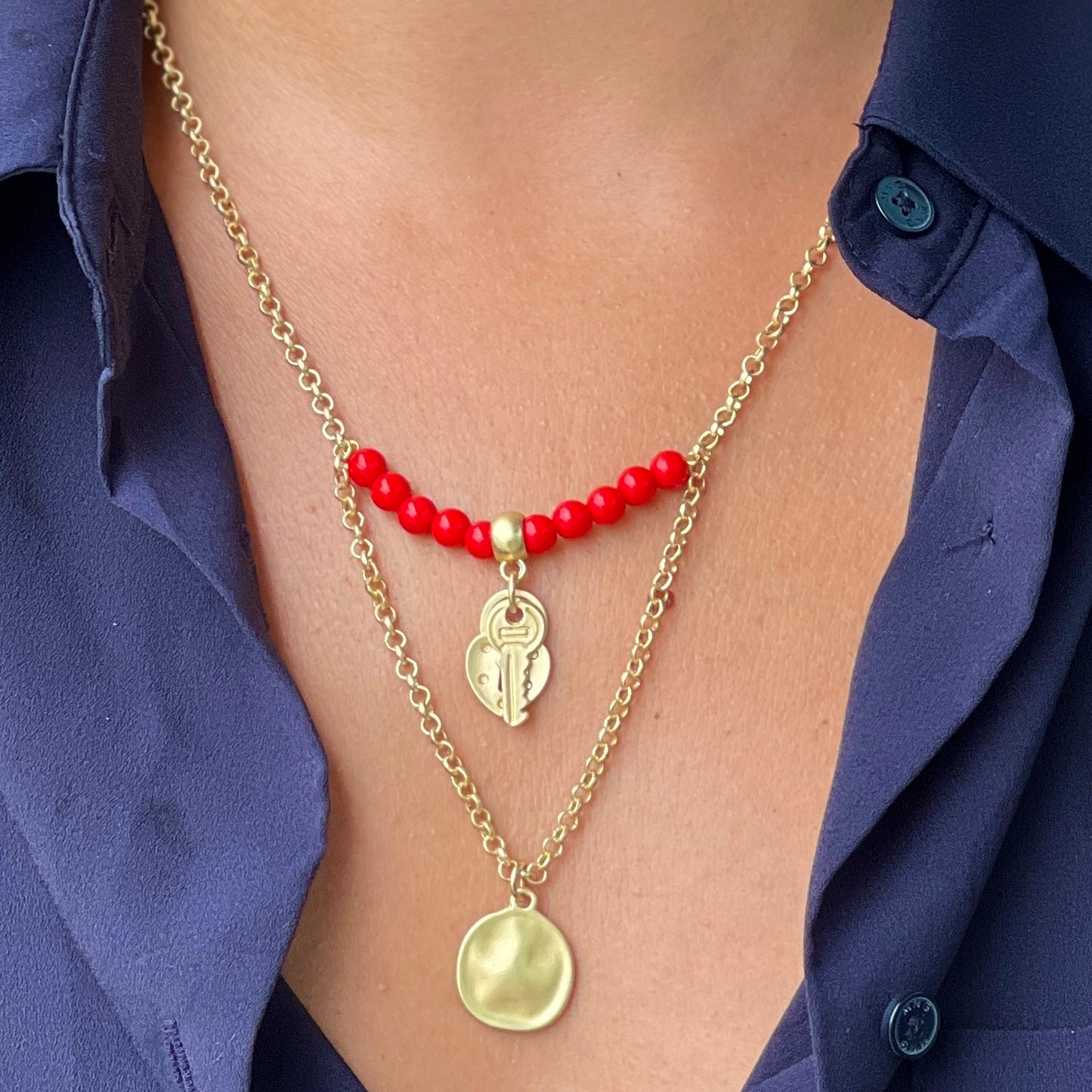 Two Layer Gold Necklace With Red, key and Heart