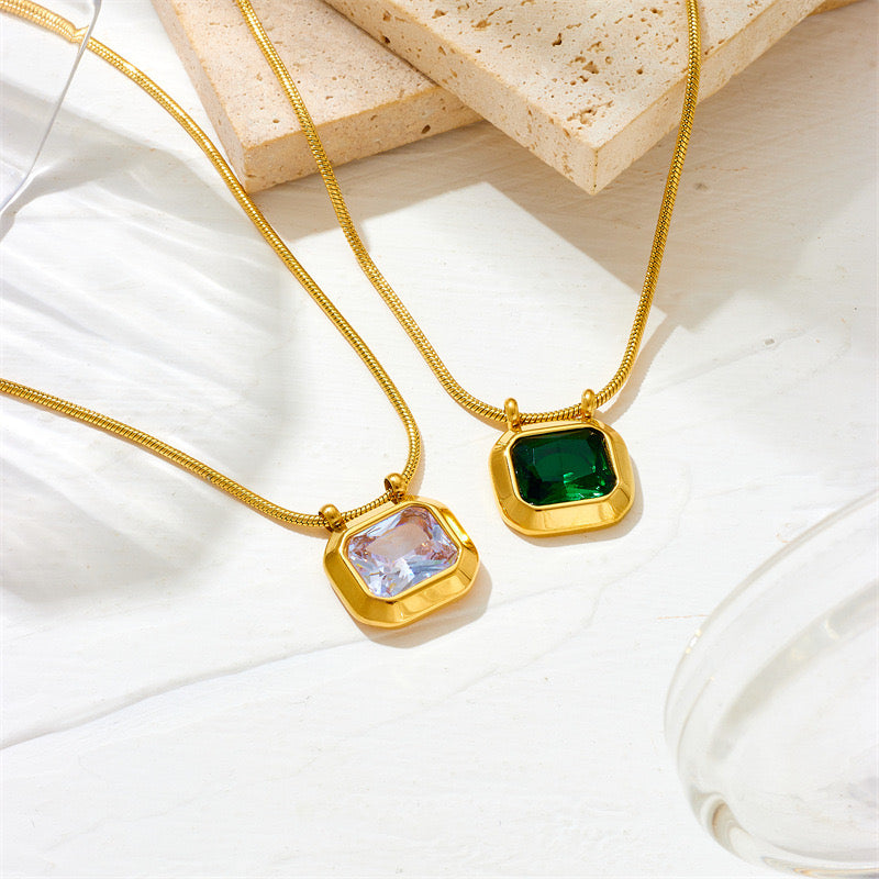 Green Rec Baguette Gold Necklace