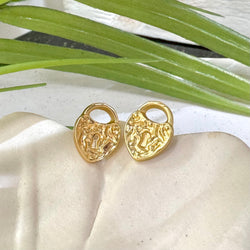 Lock Heart Gold Stud Earrings