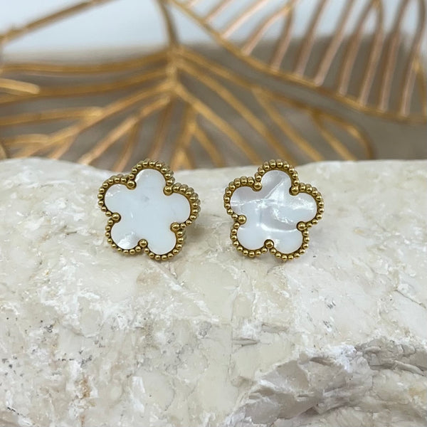 White Flower Gold Earrings