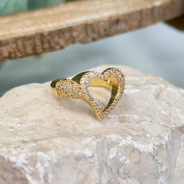 Open Heart With Clear Quartz Gold Ring