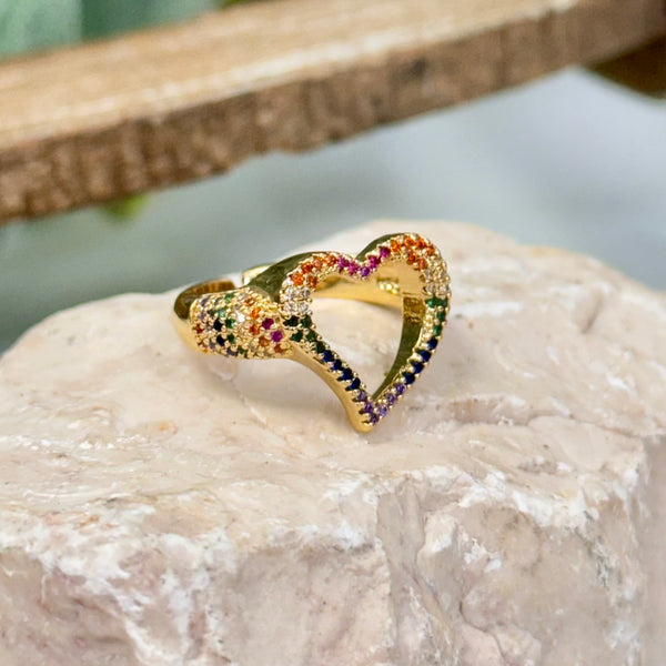 Open Heart With Multicolors Quartz Gold Ring