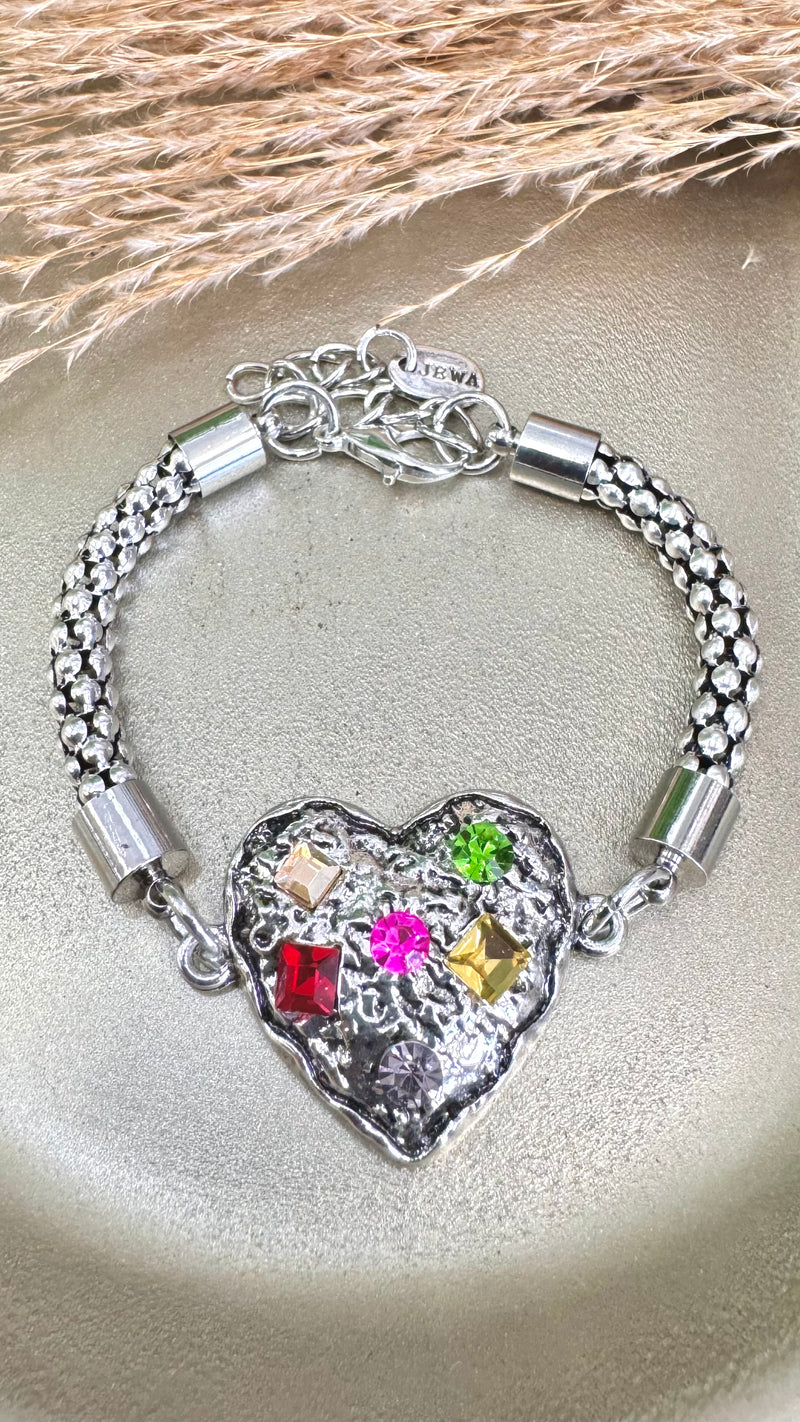 Multi Color Quartz Heart Silver Bracelet