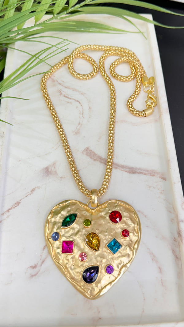 Multi Color Quartz Heart Gold Necklace