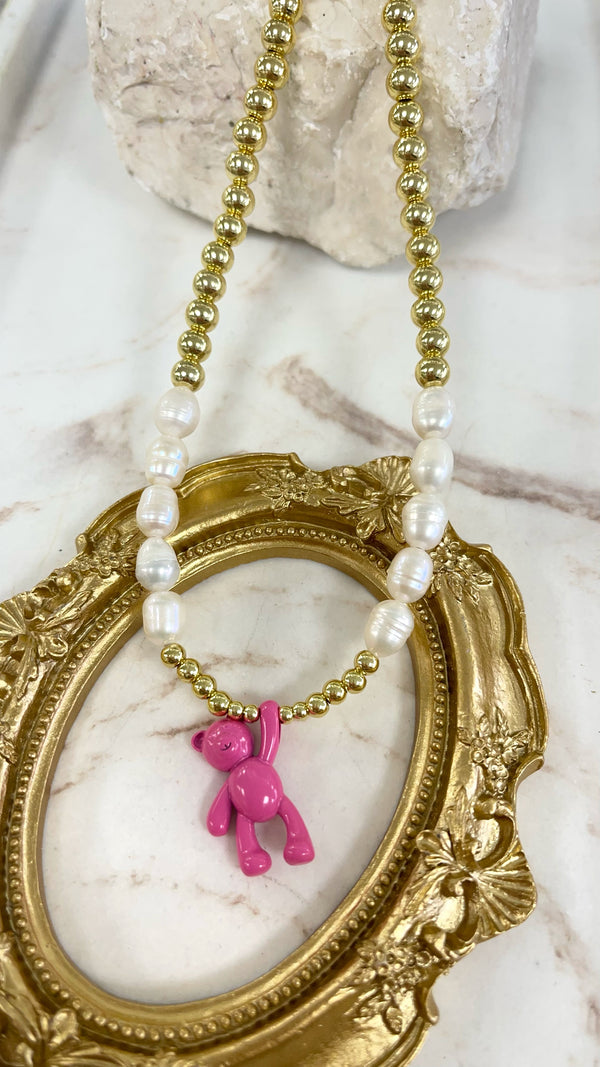 Pearls and Gold Necklace With Fuchsia Teddy