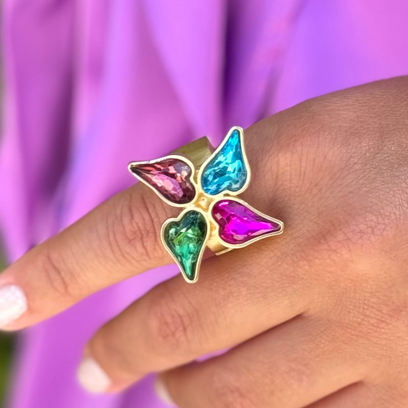 Flower of Hearts With Multicolors Stones Gold Ring