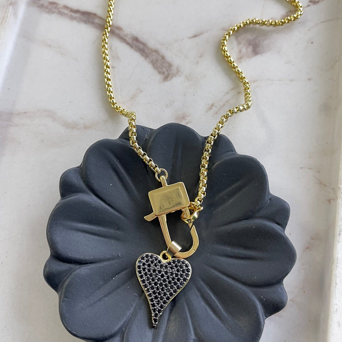 Gold Chain With Black Quartz Heart Necklace