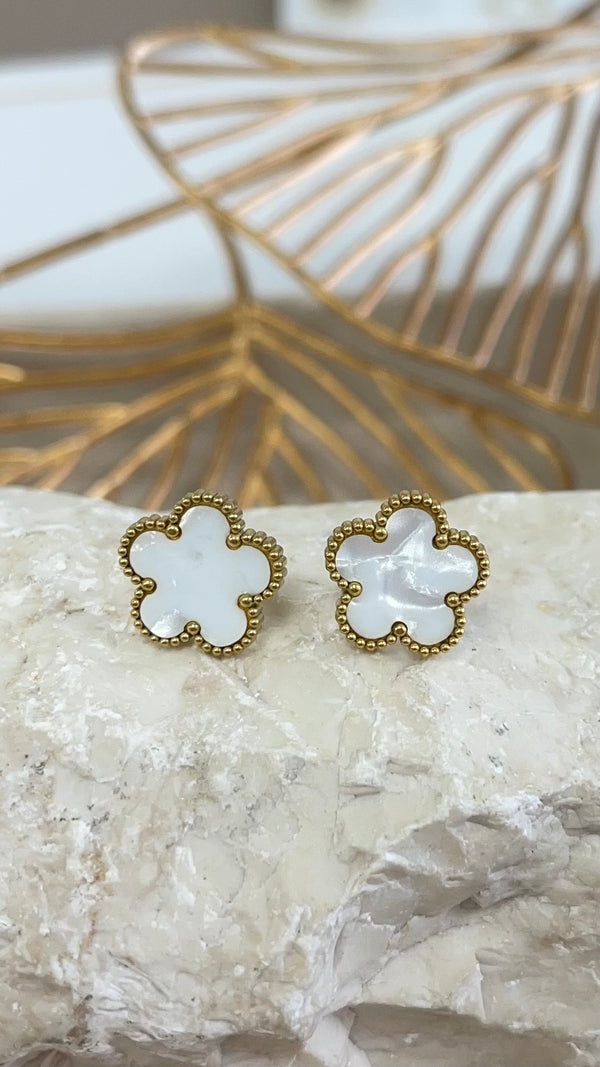 White Flower Gold Earrings