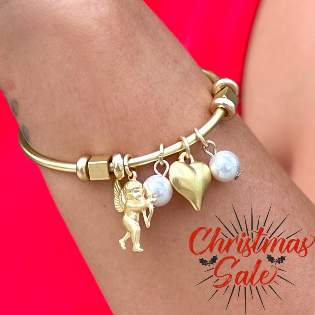 Open Gold Bracelet with Pearls, Heart and Cupid