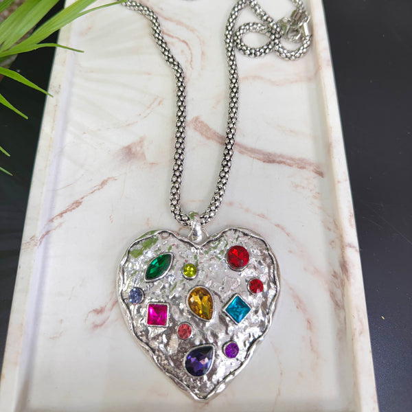 Multi Color Quartz Heart Silver Necklace