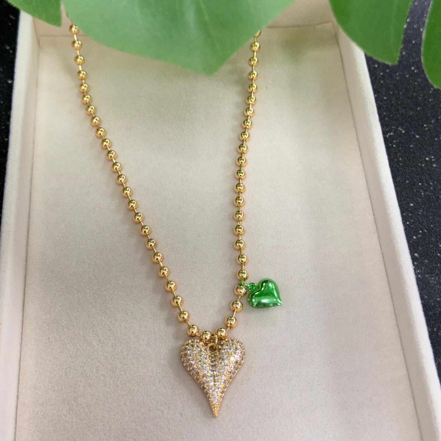 Quartz Heart With Green Small Heart Necklace