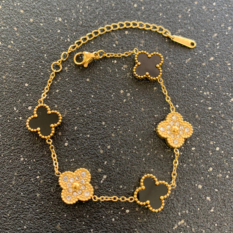 Black and Zirconia Clover Gold Bracelet