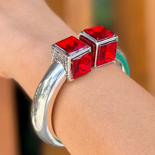 Silver Cuff With 2 Squares Red