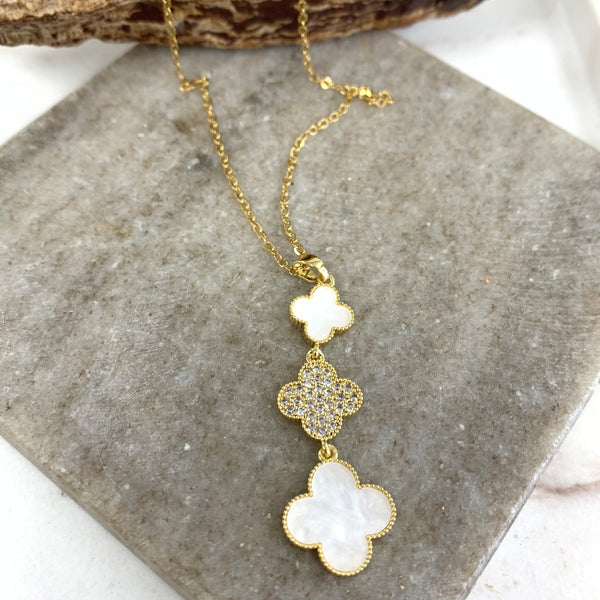 White 3 Clover Zirconia Gold  Necklace