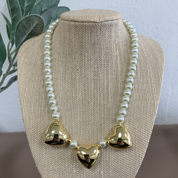 Three Globes Hearts Gold Pearls Necklace