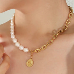 Half Chain & Pearl Coin Gold Necklace