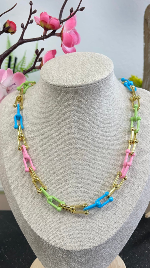 Paper Clip Green, Blue and Pink Gold Necklace