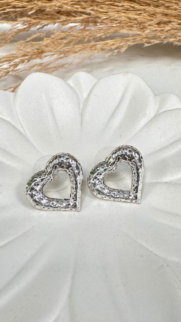 Open Hammered Heart Silver Earrings