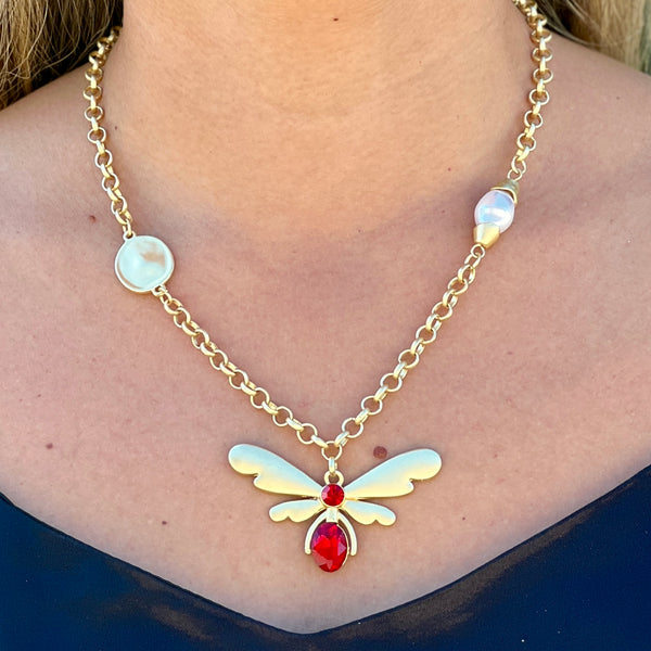 Dragonfly With Stone Red And Pearl Gold Necklace