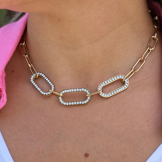 Crystal Oval Chain Gold Necklace