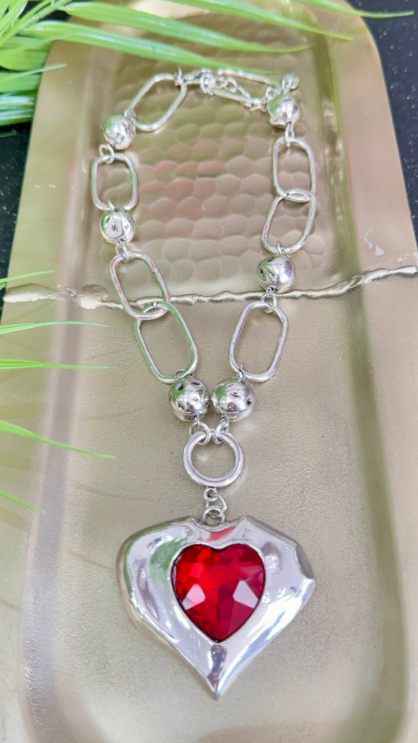 Wave Red Quartz Heart Silver Necklace