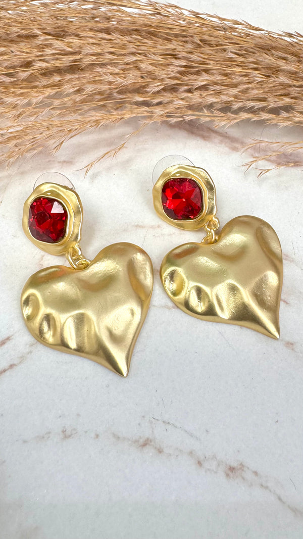 Red Stone Heart Gold Earrings