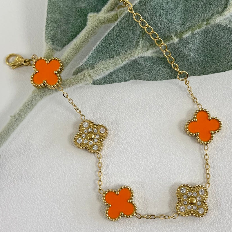 Orange And Zirconia Clover Gold Bracelet