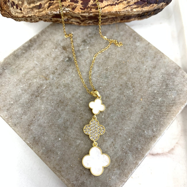 White 3 Clover Zirconia Gold  Necklace
