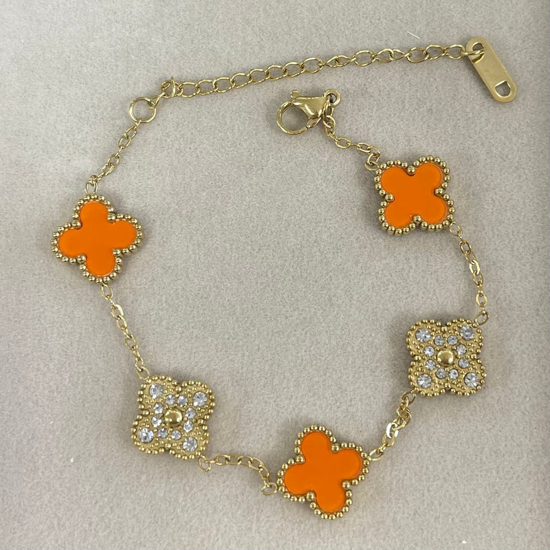 Orange And Zirconia Clover Gold Bracelet