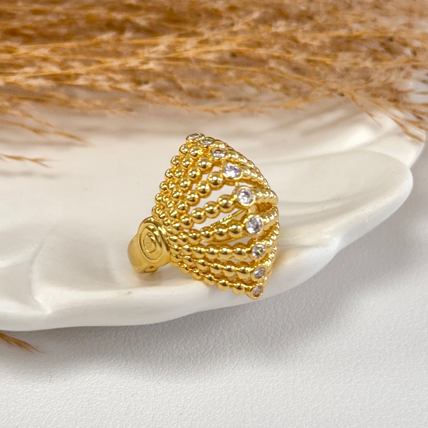 Mask Gold Ring With Line Clear Stones