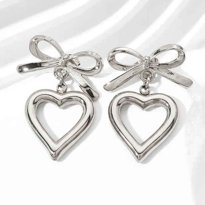 Heart Bow Silver Earrings