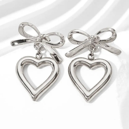 Heart Bow Silver Earrings