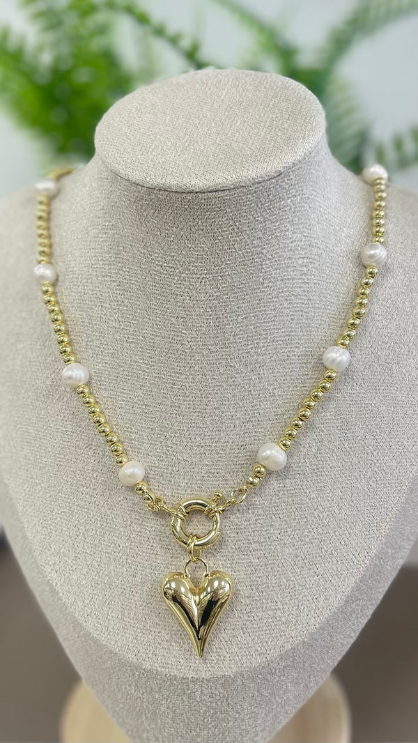Pearls and Gold Globe Necklace With Bubble Heart