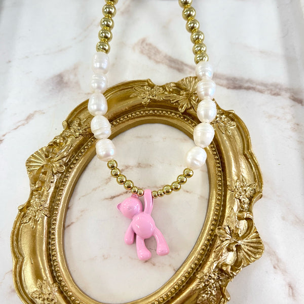Pearls and Gold Necklace With Pink Teddy