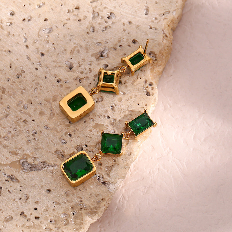 Multi Shape Green Quartz Gold Earrings