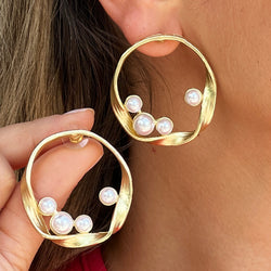 Circular Spiral With Pearls Gold Earrings