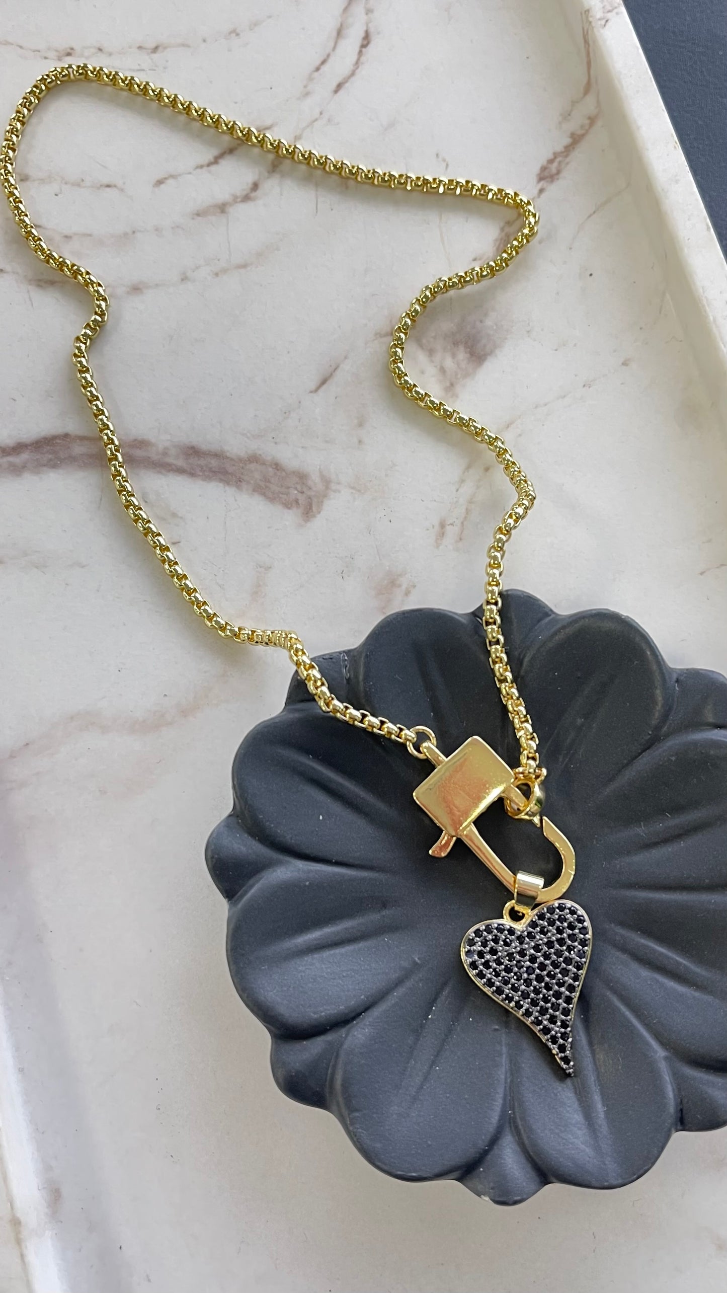 Gold Chain With Black Quartz Heart Necklace