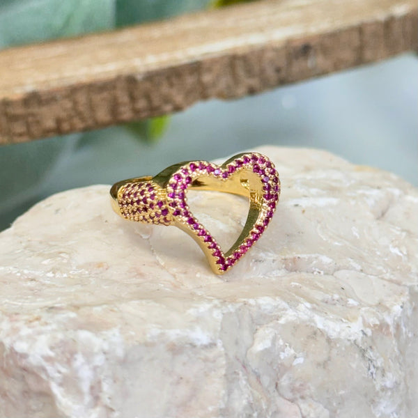 Open Heart With Fuchsia Quartz Gold Ring