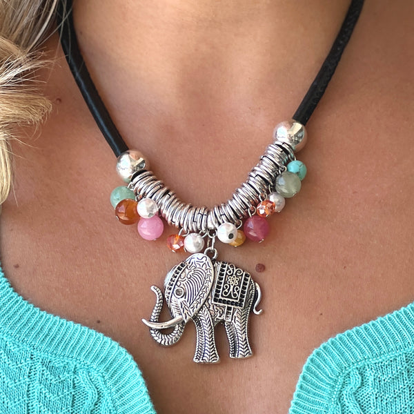 Black Cord Silver Elephant Necklace
