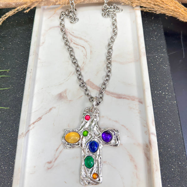 Cross Multicolors Silver Necklace