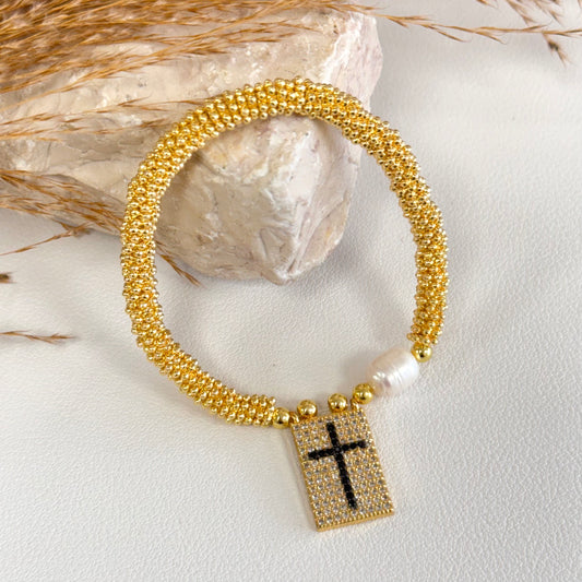 Gold Bracelet With Pendant Cross And Pearl