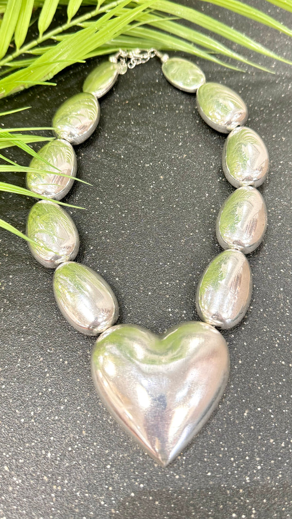 Big Bold Heart Oval Beads Silver Necklace