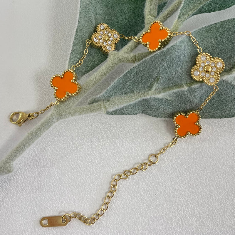 Orange And Zirconia Clover Gold Bracelet