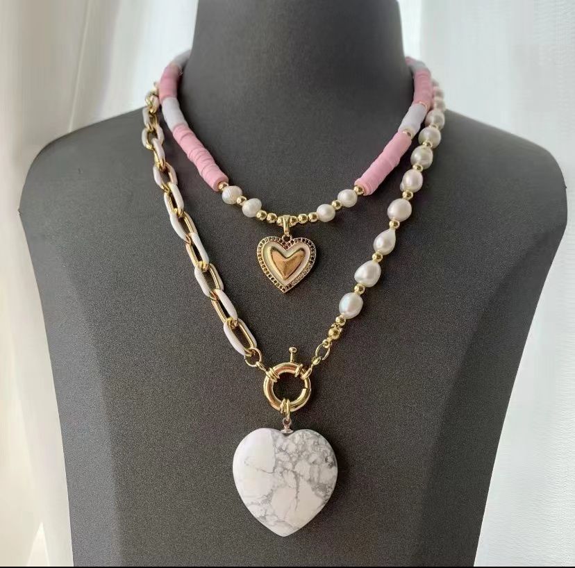 Multicolor Heart With Pearls Pink Necklace