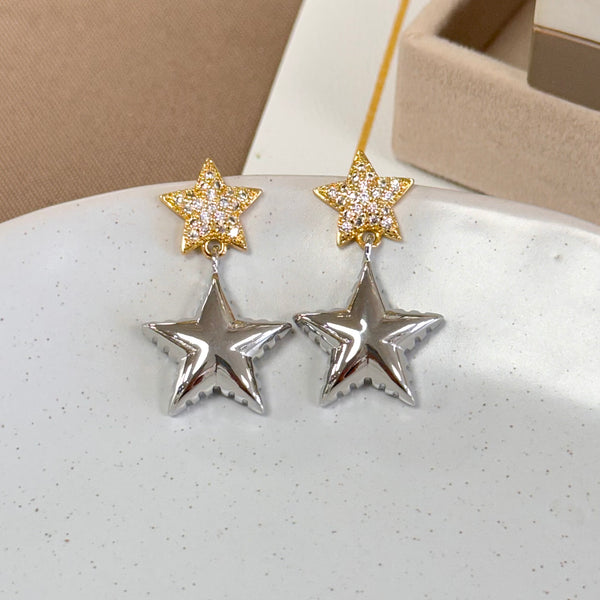 Two Tone Star With Quartz Earrings