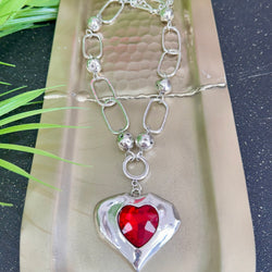 Wave Red Quartz Heart Silver Necklace