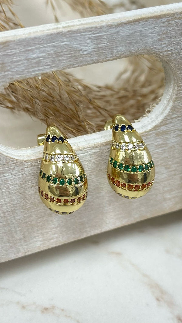 Gold Drops With Lines Colors Quartz Earrings