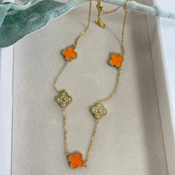 Orange And Zirconia Clover Gold Necklace