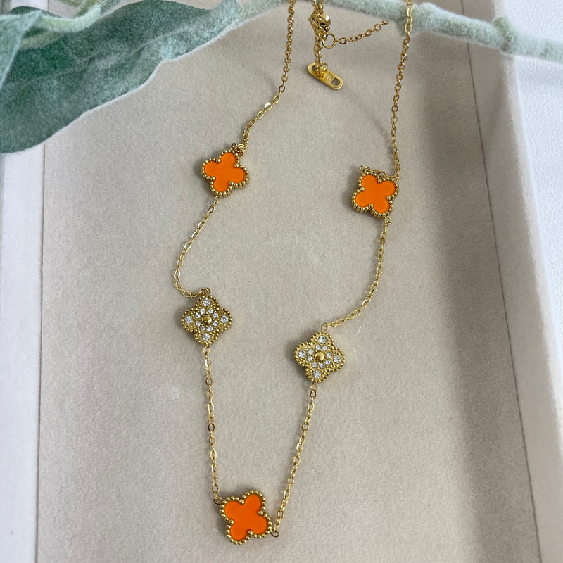 Orange And Zirconia Clover Gold Necklace