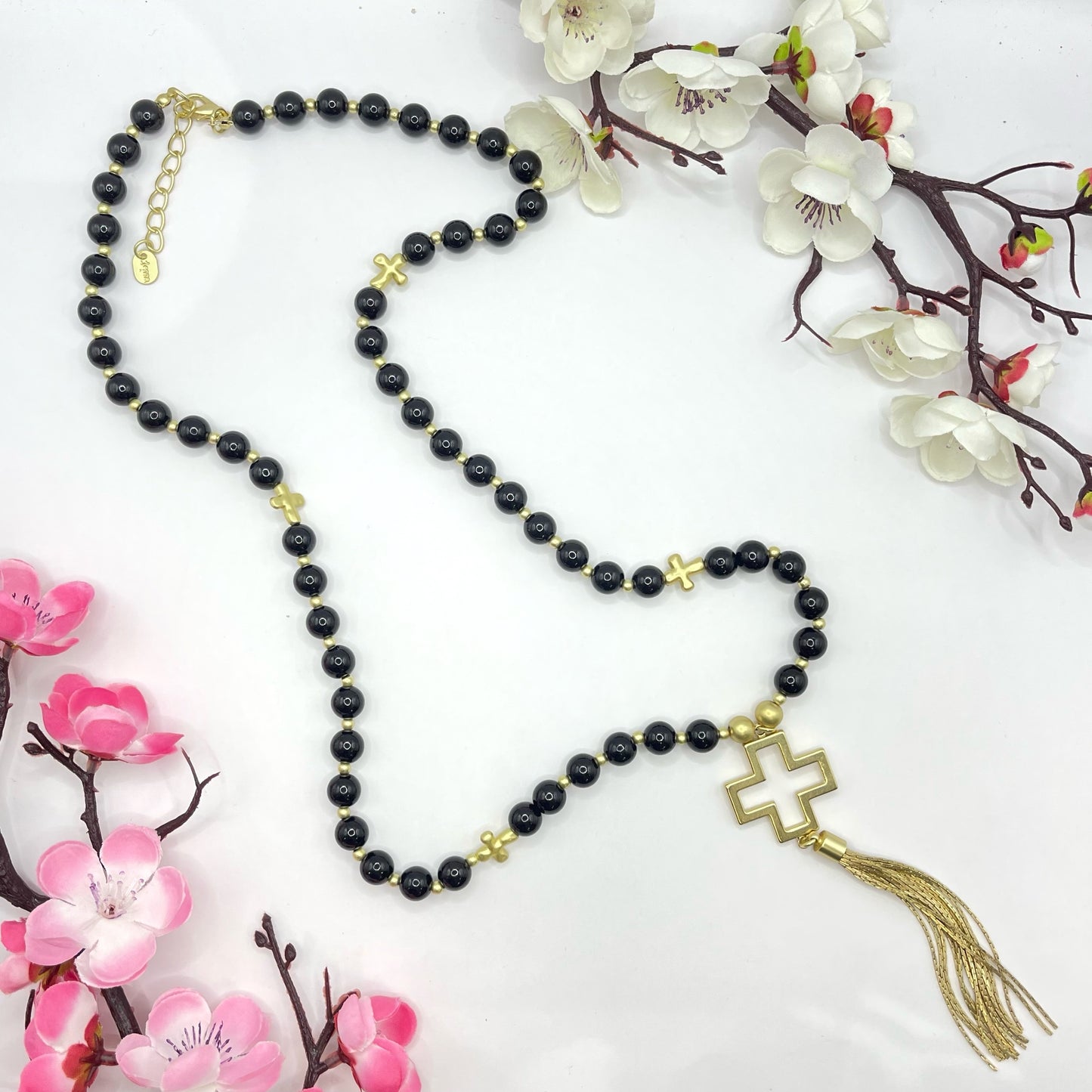 Onyx With Cross Gold Necklace